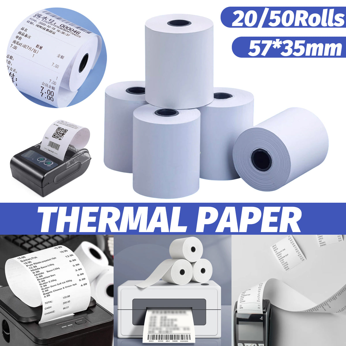 Thermal Paper Rolls 57x35mm for POS Receipt Printers 20/50 Rolls