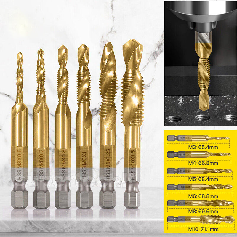 6 HSS Hex Shank Tap Drill Bits Metric Thread Screw Tapping Set