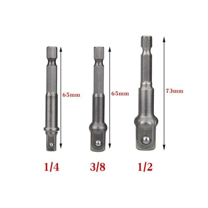 3PC Drill Socket Adapter Hex Drive To 1/4" 3/8" 1/2" Impact Driver