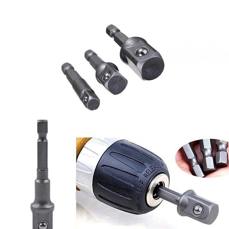3PC Drill Socket Adapter Hex Drive To 1/4" 3/8" 1/2" Impact Driver