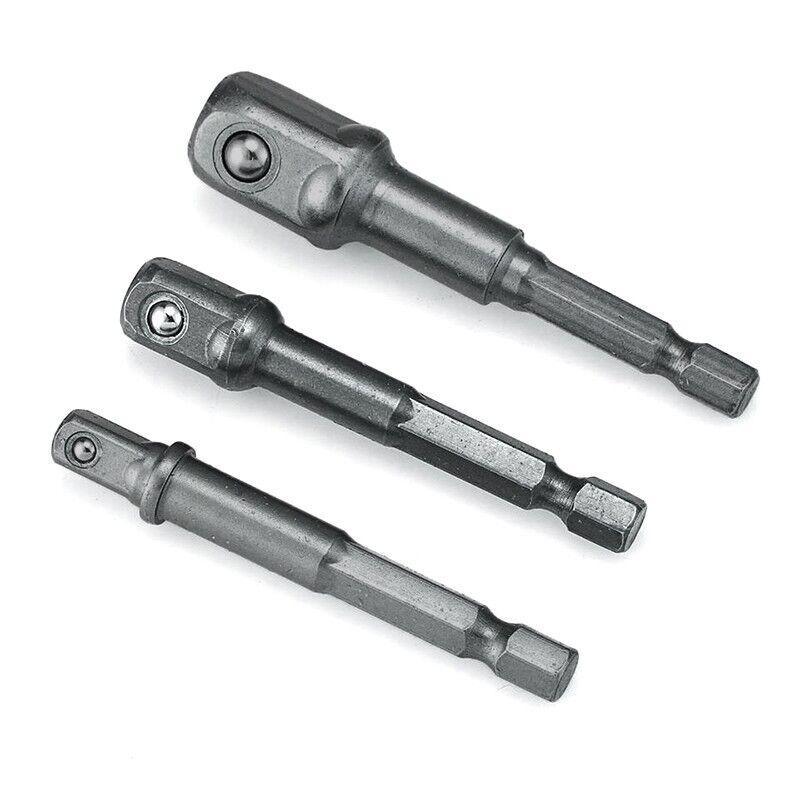3PC Drill Socket Adapter Hex Drive To 1/4" 3/8" 1/2" Impact Driver