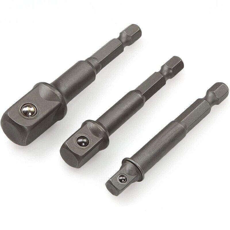 3PC Drill Socket Adapter Hex Drive To 1/4" 3/8" 1/2" Impact Driver