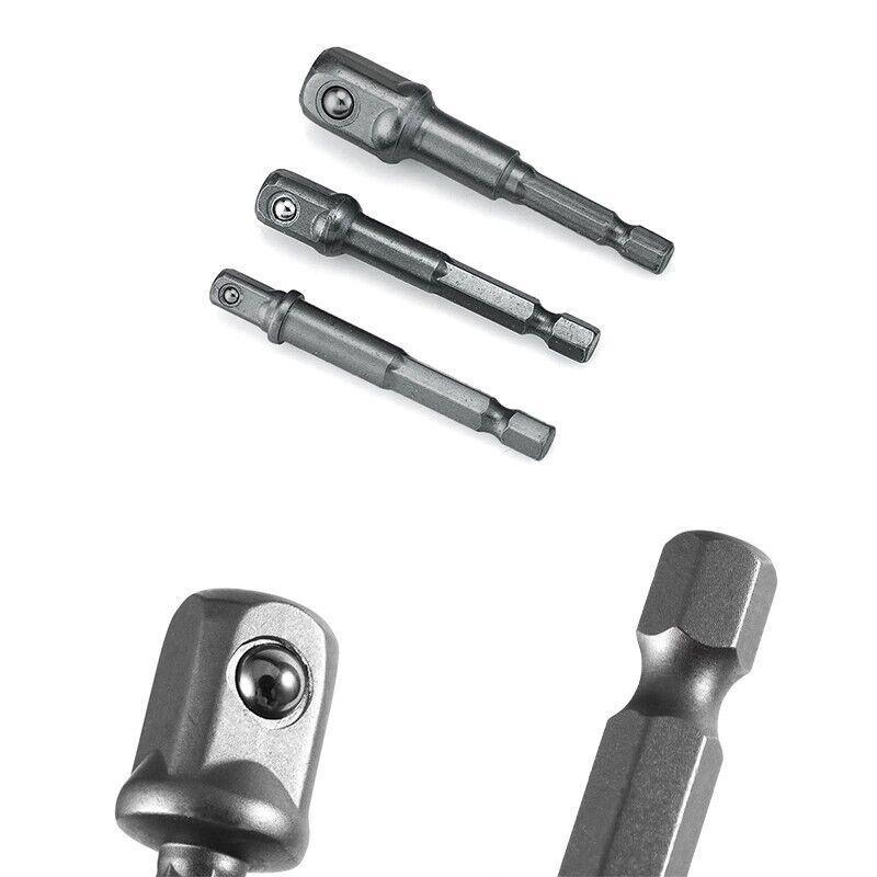 3PC Drill Socket Adapter Hex Drive To 1/4" 3/8" 1/2" Impact Driver
