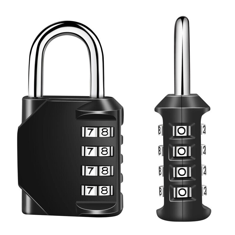 Front and side view of the four-digit black combination padlock