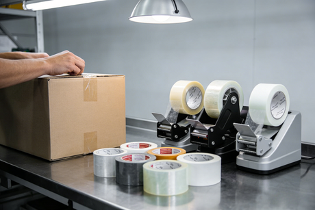 warehouse packing station using different types of packing tape