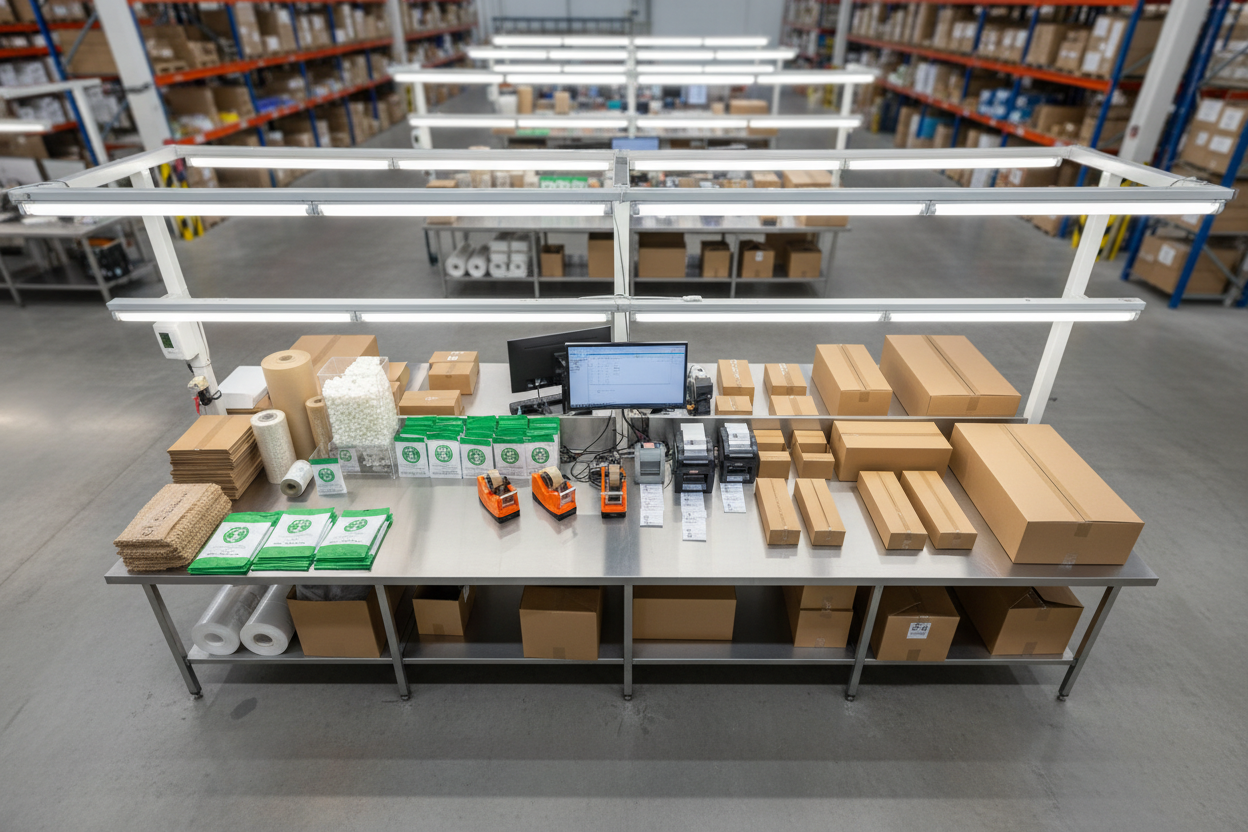 Efficient warehouse packing station with organized packaging materials