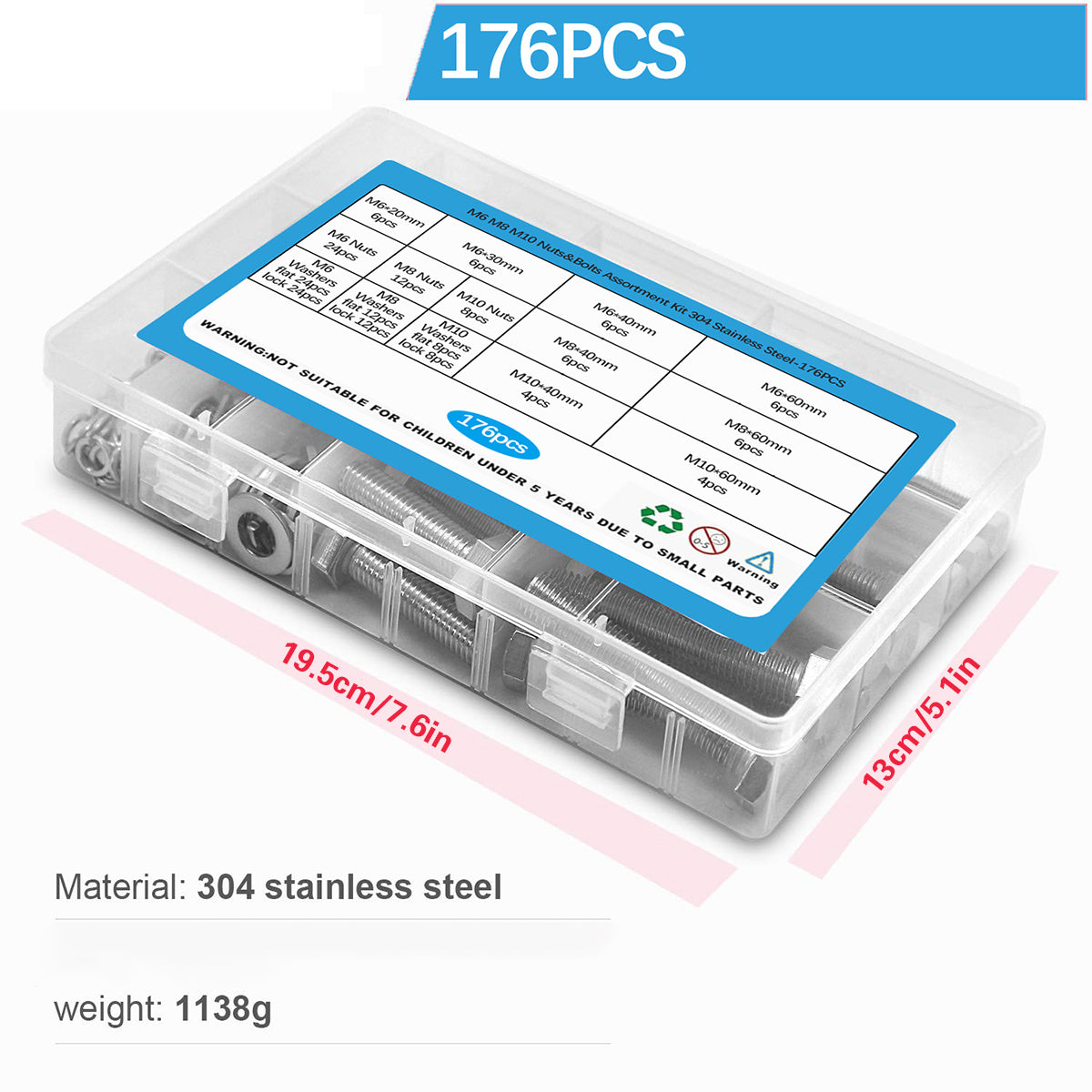 176PCS Stainless Steel Nut Bolt Assortment Kit for Car Home DIY