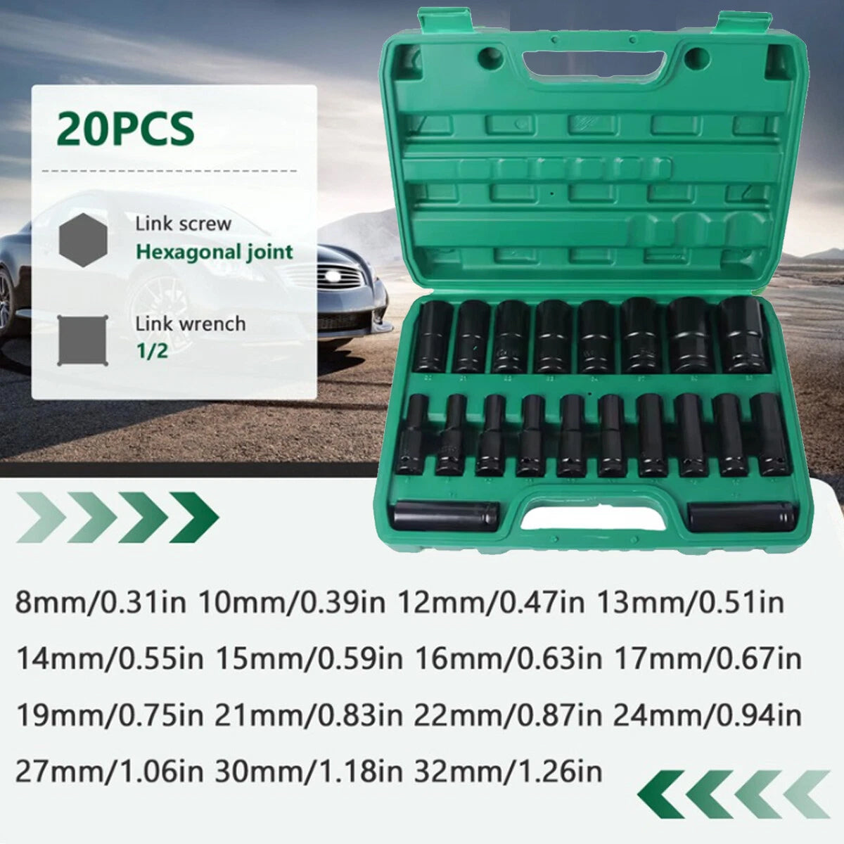 20-Piece 1/2-In Drive Socket Set 8–32 mm with Storage Case