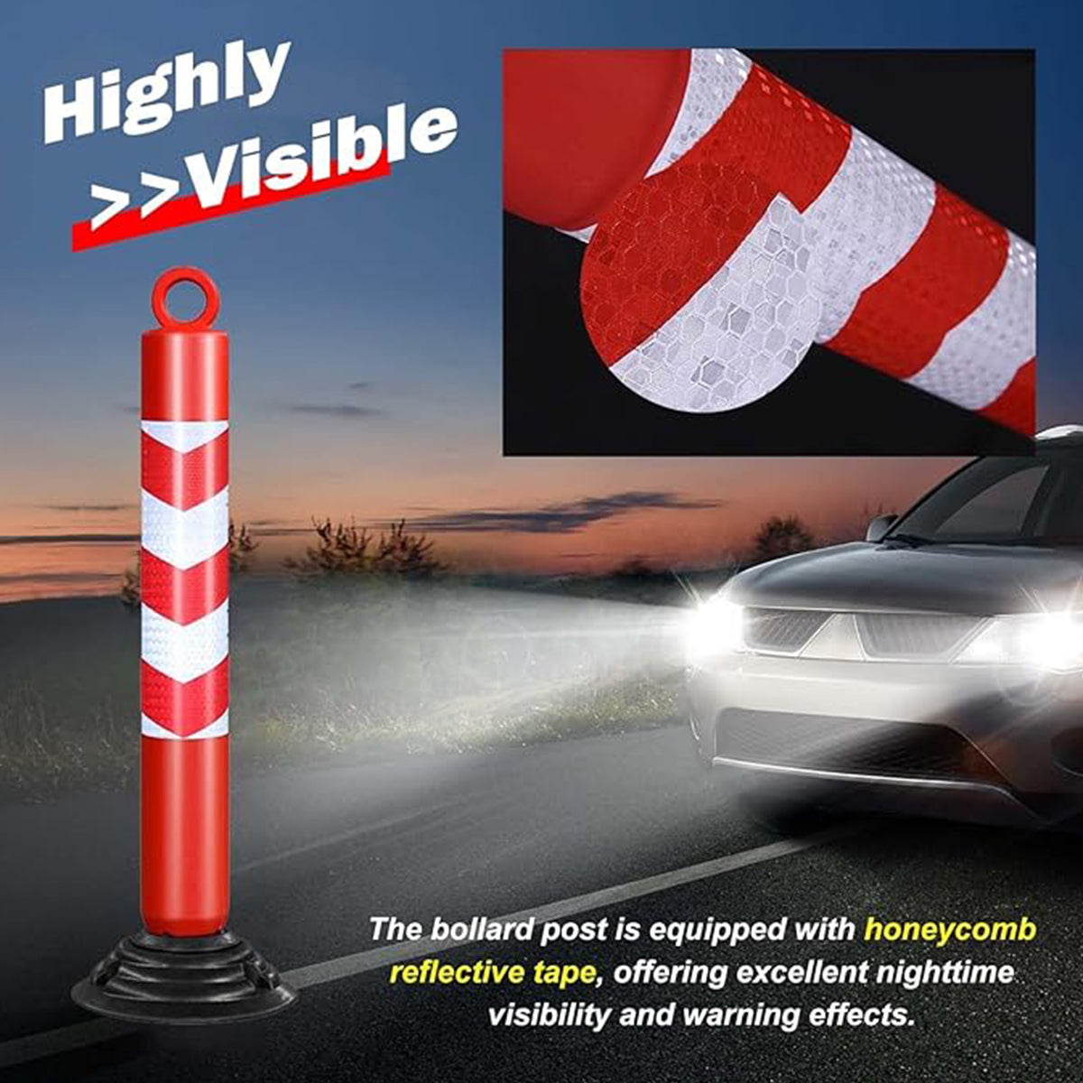 2PCS Reflective Warning Post with Detachable Rubber Base Safety Guide