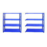 Example assembled blue warehouse main and add-on shelving; component packs sold separately
