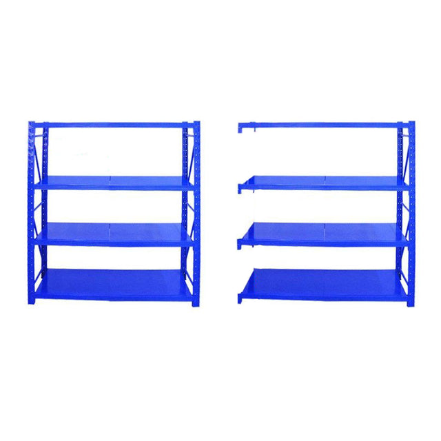Example assembled blue warehouse main and add-on shelving; component packs sold separately