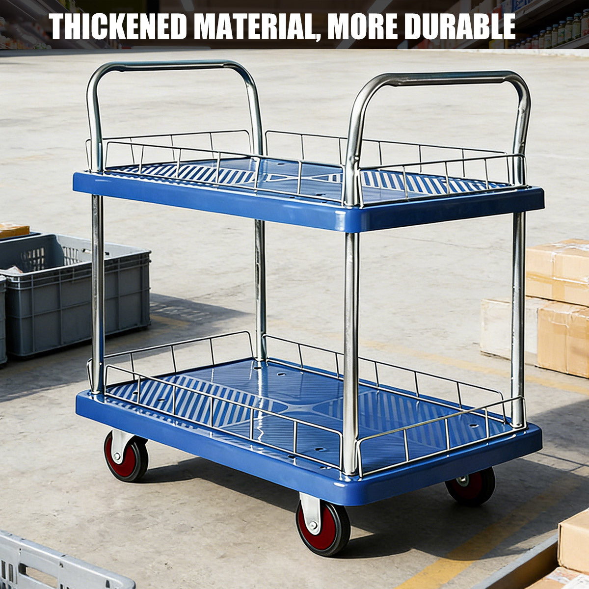 2 Tier Silent Flatbed Trolley Double Handle Warehouse Transport Cart