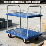 2 Tier Silent Flatbed Trolley Double Handle Warehouse Transport Cart