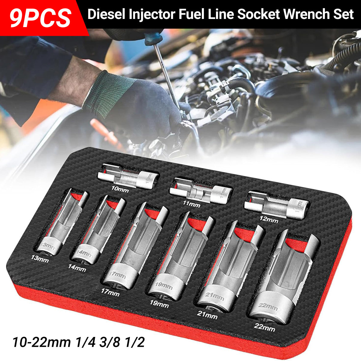 9PCS Diesel Injector Line Wrench Set CR-V 10–22mm for Engine Service