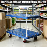 2 Tier Silent Flatbed Trolley Double Handle Warehouse Transport Cart