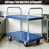 2 Tier Silent Flatbed Trolley Double Handle Warehouse Transport Cart