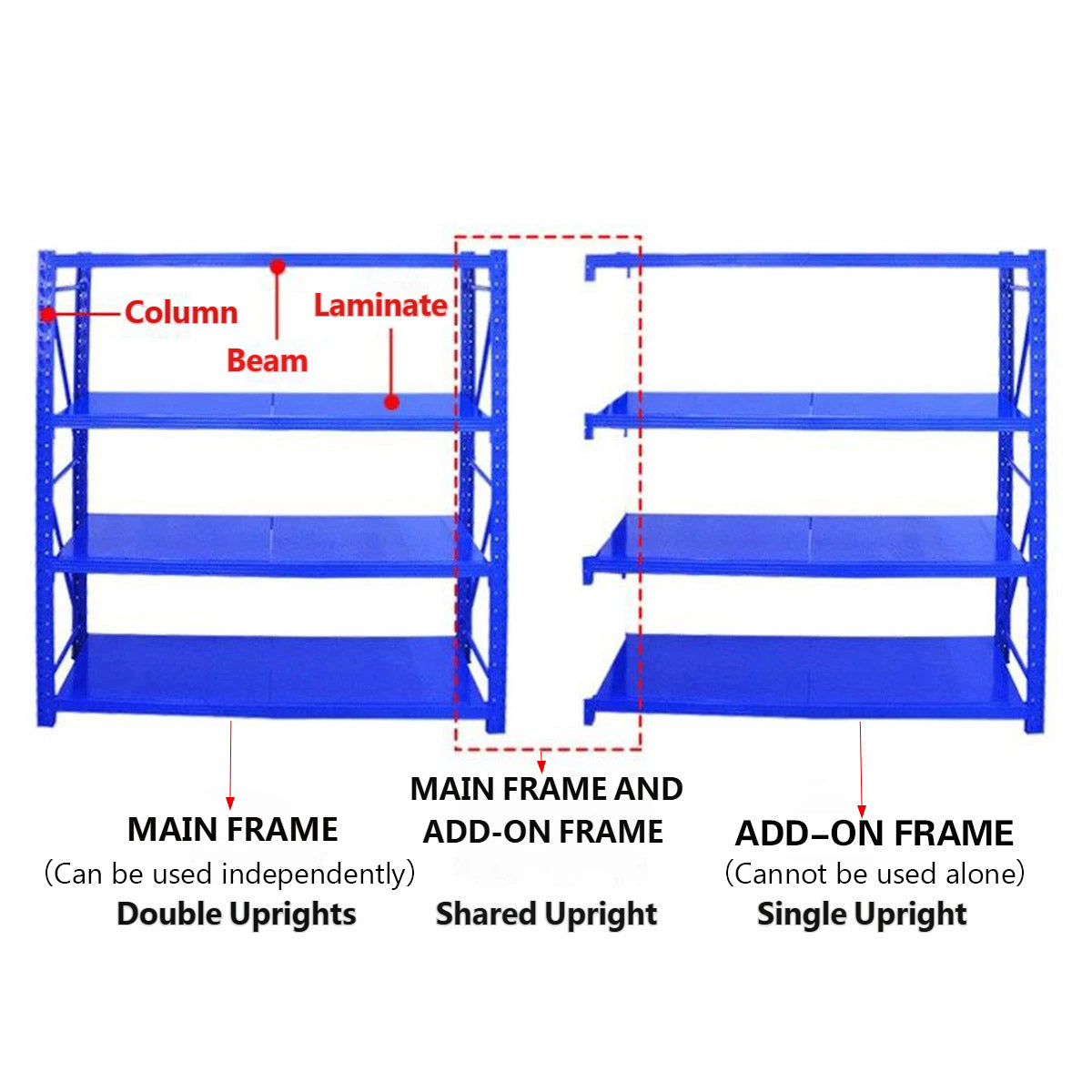 Component layout showing side frames, beams and shelf panels in matching shelving
