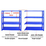Component layout showing side frames, beams and shelf panels in matching shelving