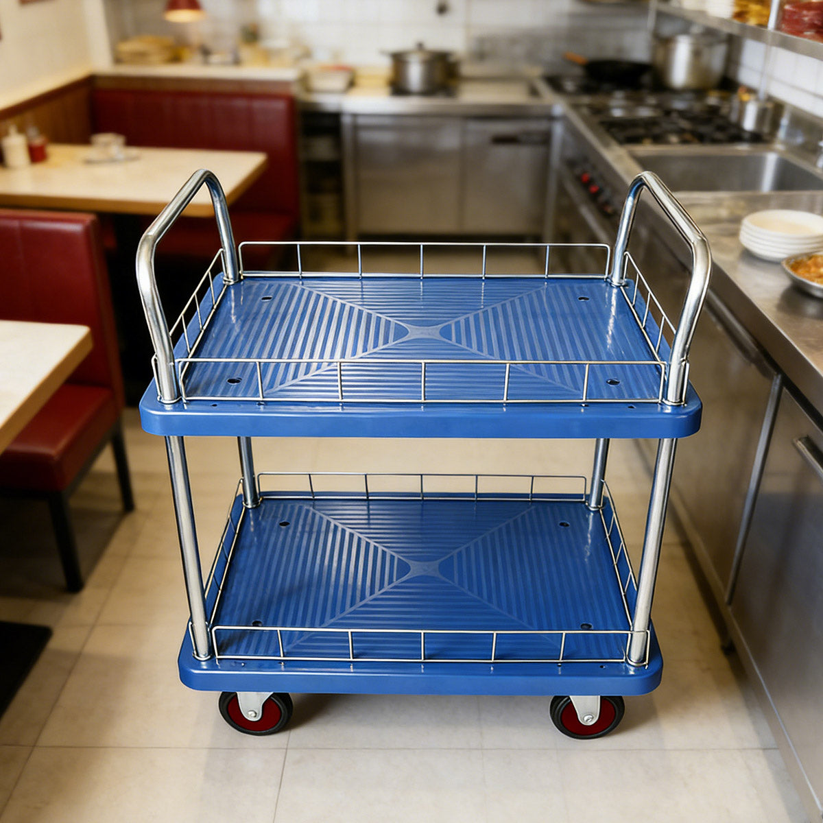 2 Tier Silent Flatbed Trolley Double Handle Warehouse Transport Cart