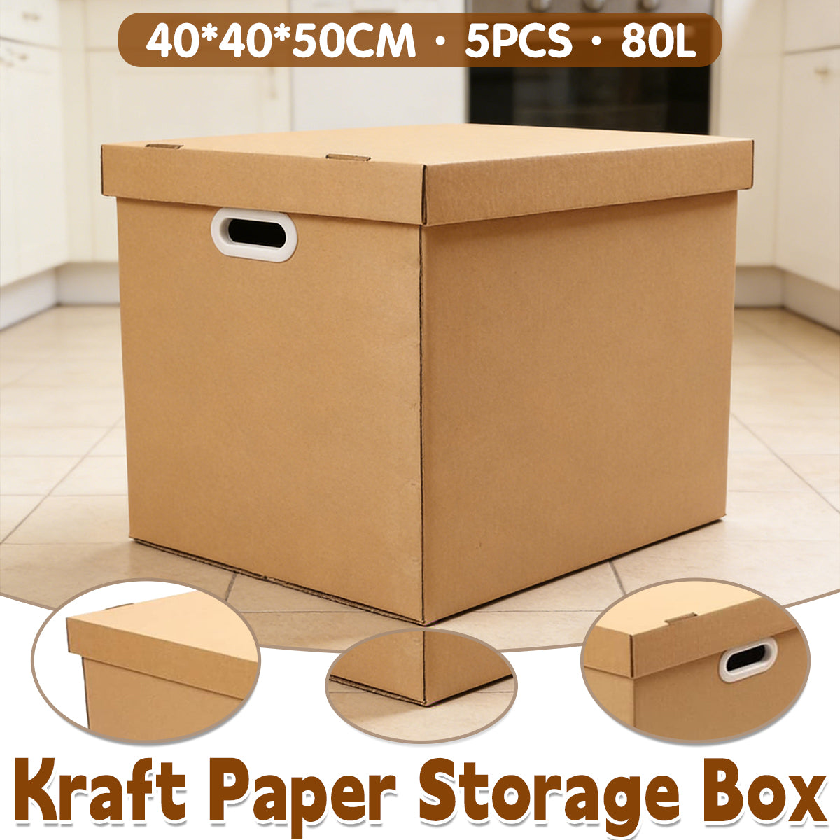 Kraft Paper Storage Box with Lid 80L Stackable Warehouse Storage 5PCS