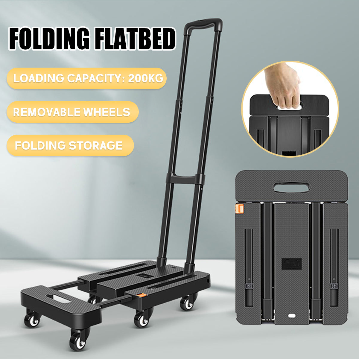 Foldable Flatbed Trolley Cart with Pull Rod and Universal Wheels 200KG