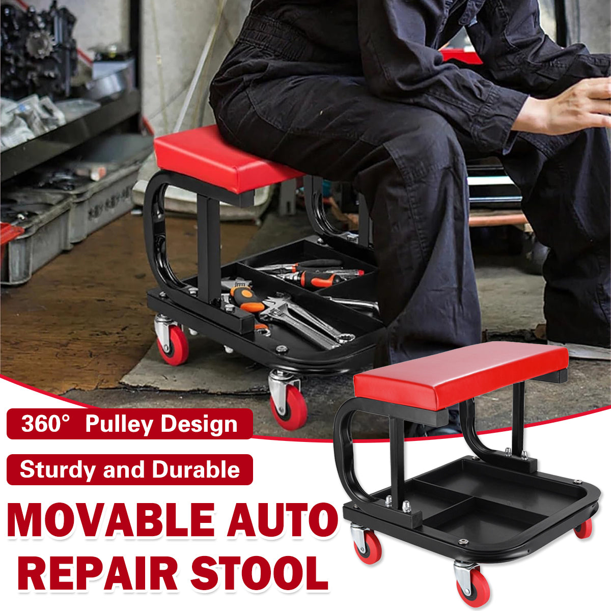 Multifunctional Car Repair Stool with 360 degree Swivel Wheels