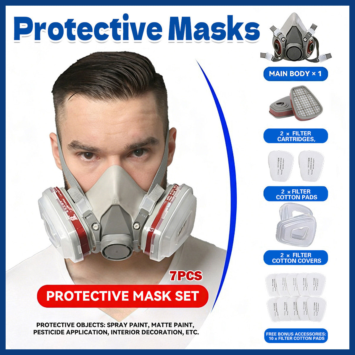 7PCS Respirator Mask Set Dual Filter Dust Protection Spray Paint