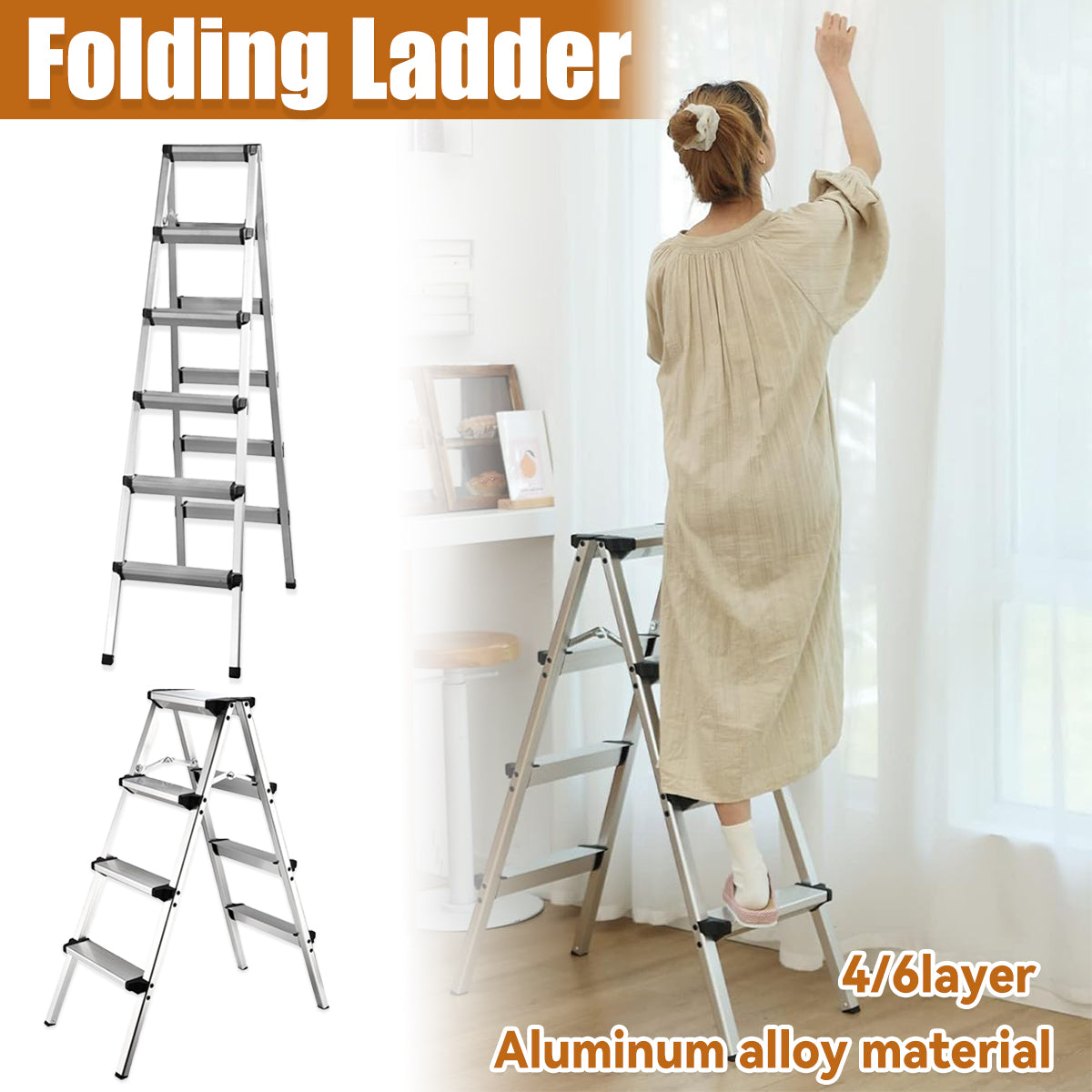 Double-Sided Aluminum Folding Ladder 4/6 Layer Stable Warehouse Use