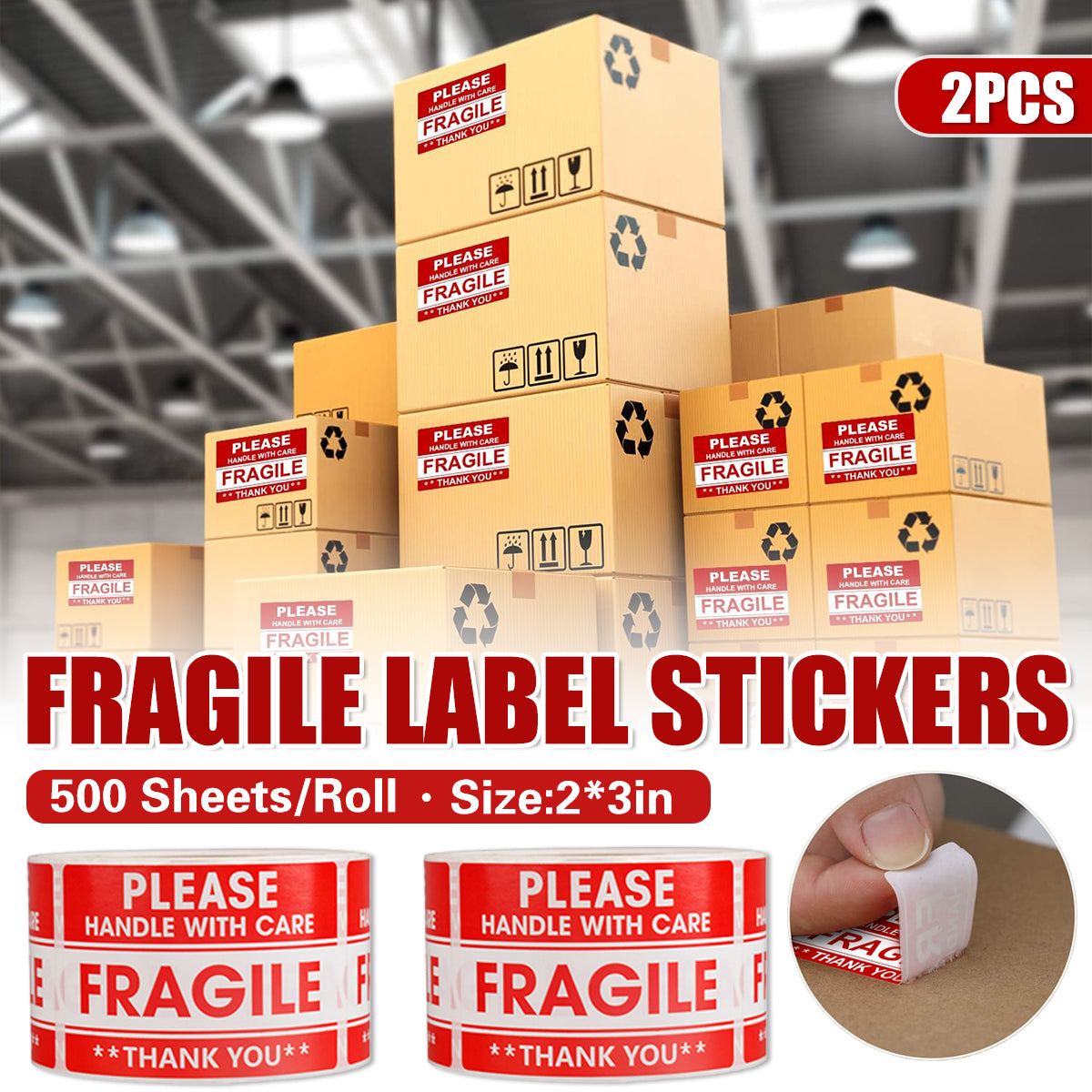 Fragile Sticker Labels 2 Rolls 1000PCS High Visibility Shipping Warning
