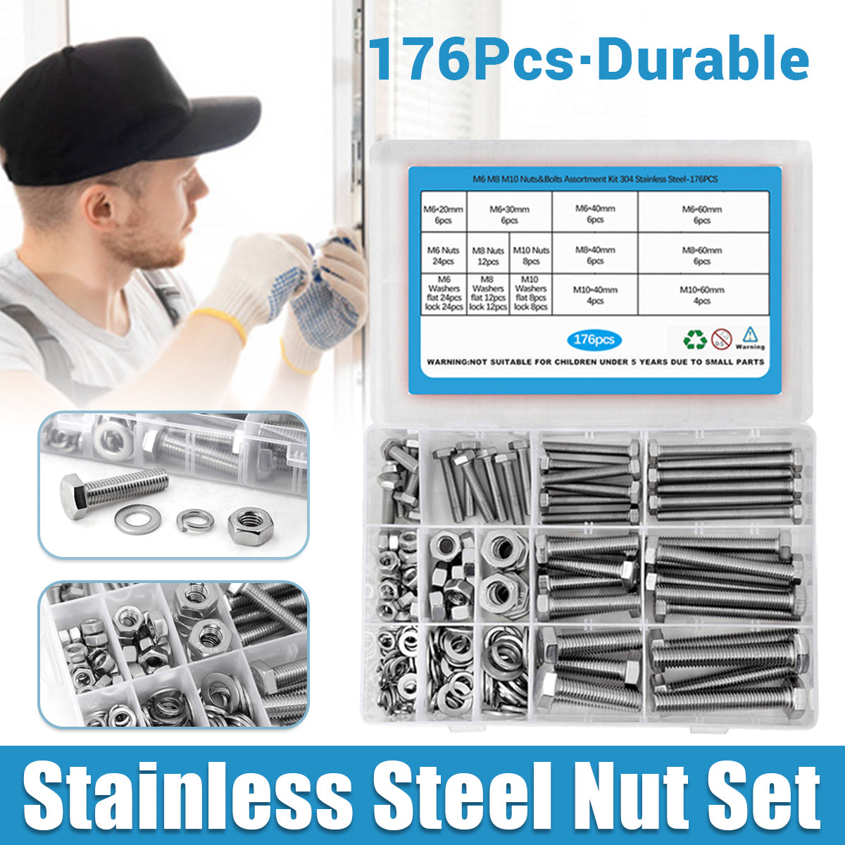 176PCS Stainless Steel Nut Bolt Assortment Kit for Car Home DIY