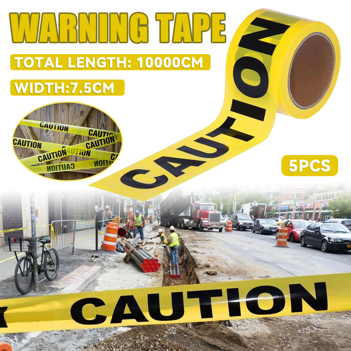 5PCS 100M Caution Warning Tape 75mm High Visibility Safety Barrier