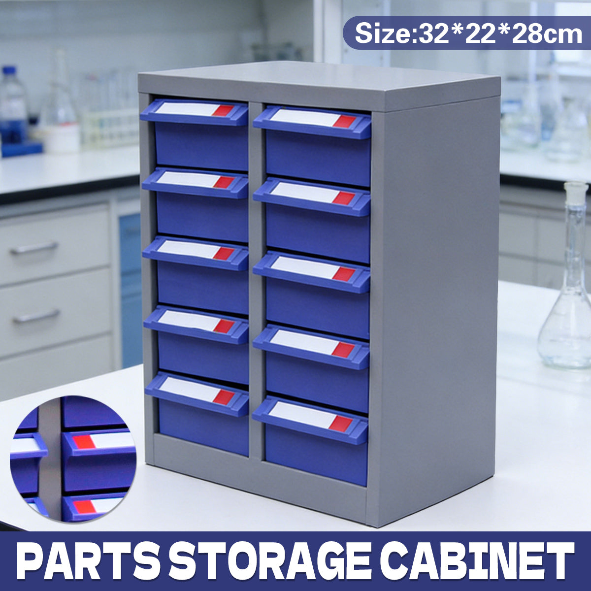 10 Drawer Parts Storage Cabinet Metal Frame Organizer 32x22x28cm