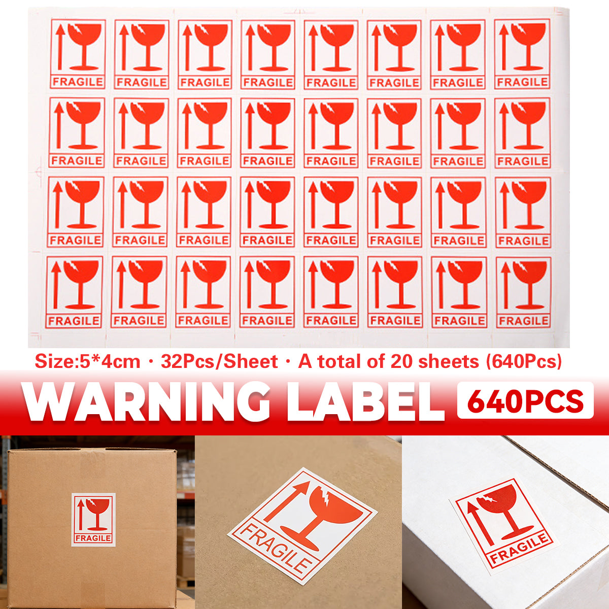 640PCS Fragile Shipping Labels 5×4cm Self Adhesive Carton Warning Stickers