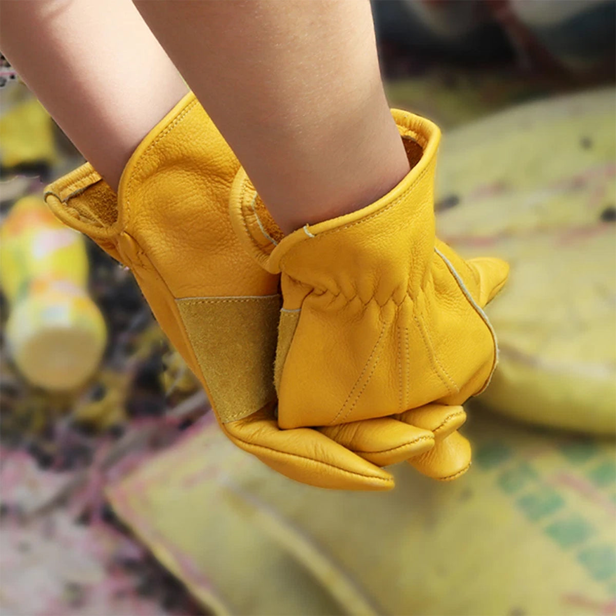 Golden Yellow Cowhide Full Finger Work Gloves for Warehouse Maintenance