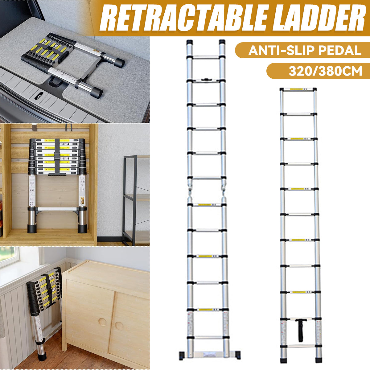 Retractable Aluminium Alloy Ladder 320/380cm Anti-Slip Pedals Stable Design