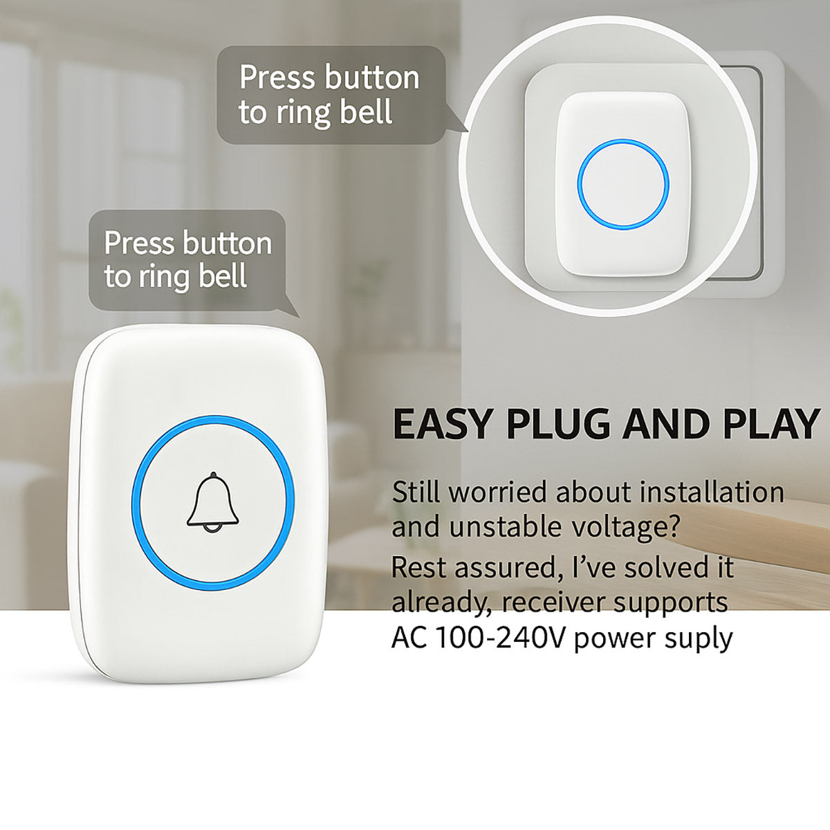 Wireless Doorbell Kit 300m Range Waterproof Call Button Plug-In Chime