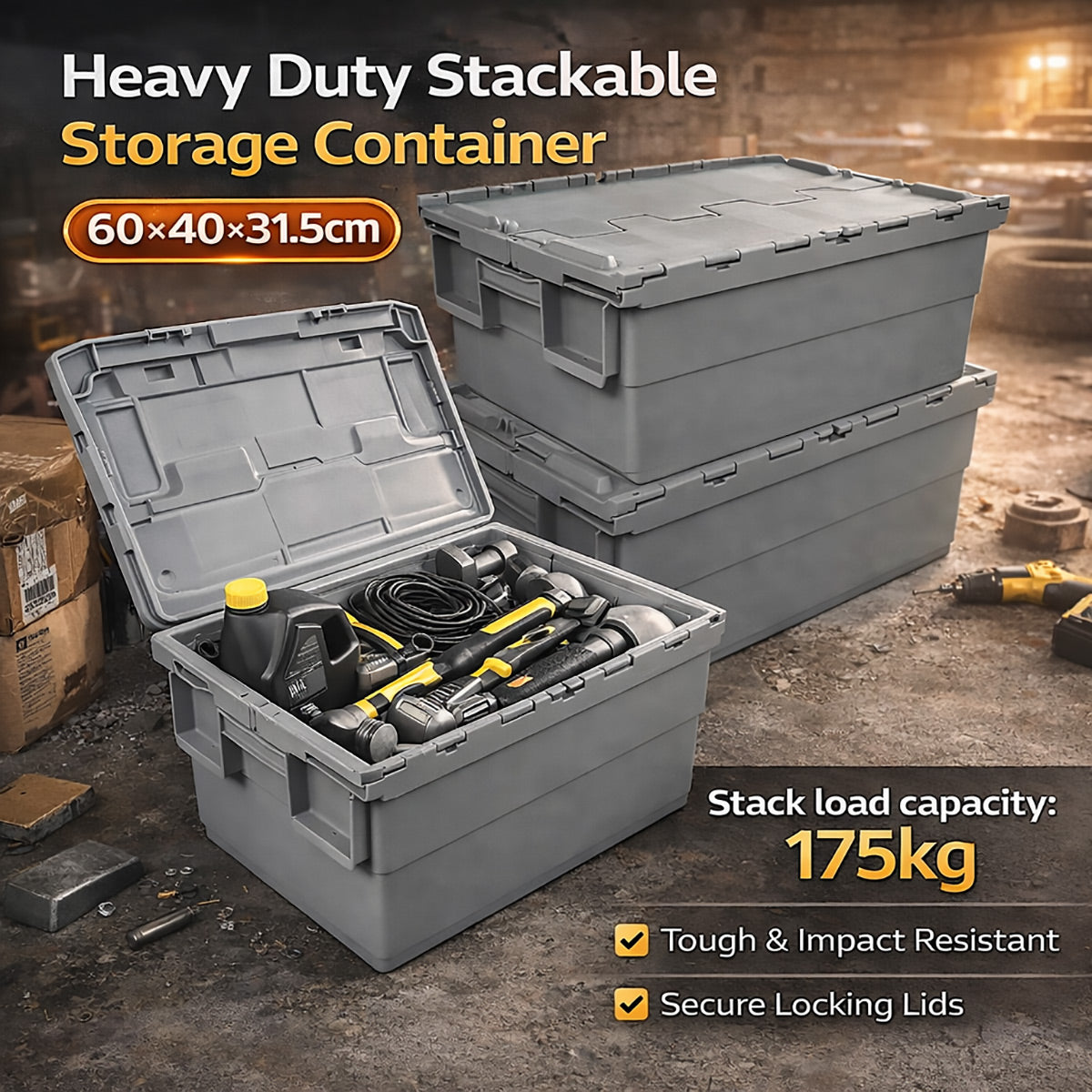 Plastic Stackable Logistics Turnover Box 600x400x315mm Attached Lid Crate