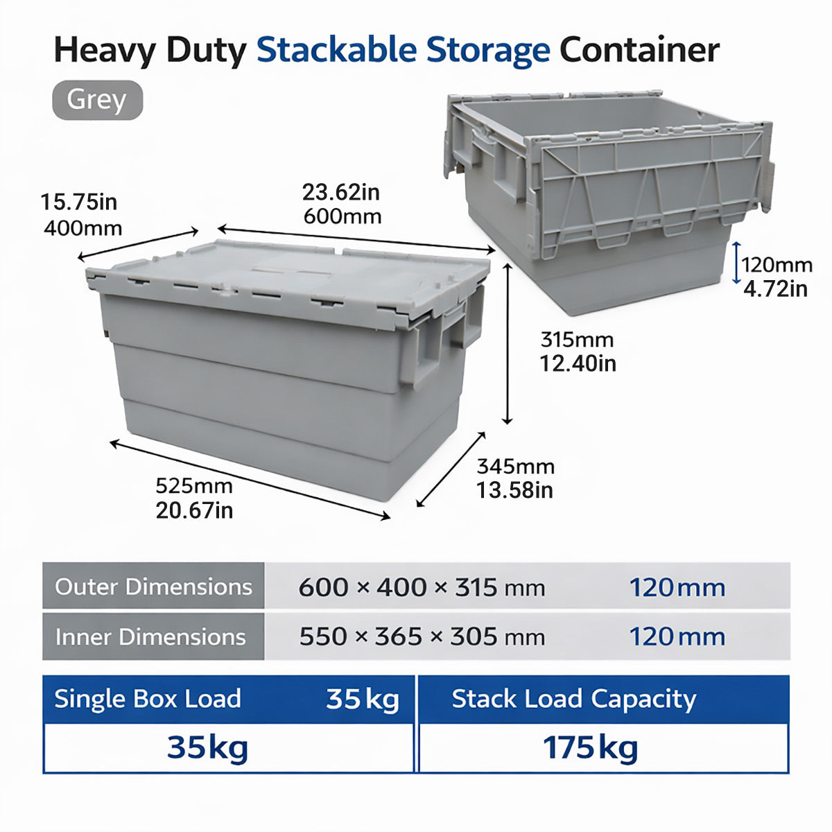 Plastic Stackable Logistics Turnover Box 600x400x315mm Attached Lid Crate