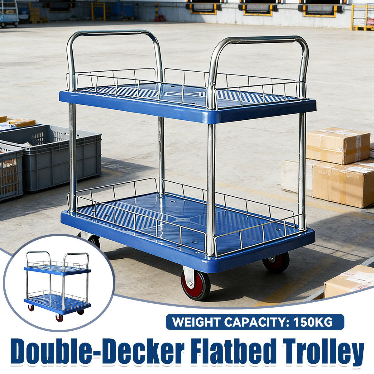2 Tier Silent Flatbed Trolley Double Handle Warehouse Transport Cart