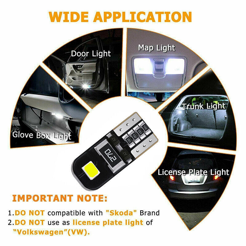 10PCS CANBUS T10 LED W5W 194 168 Interior Dashboard Map Door Light Bulbs