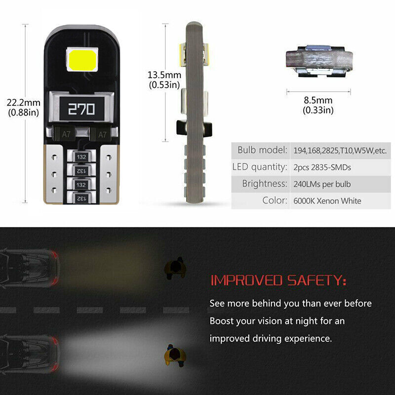 10PCS CANBUS T10 LED W5W 194 168 Interior Dashboard Map Door Light Bulbs