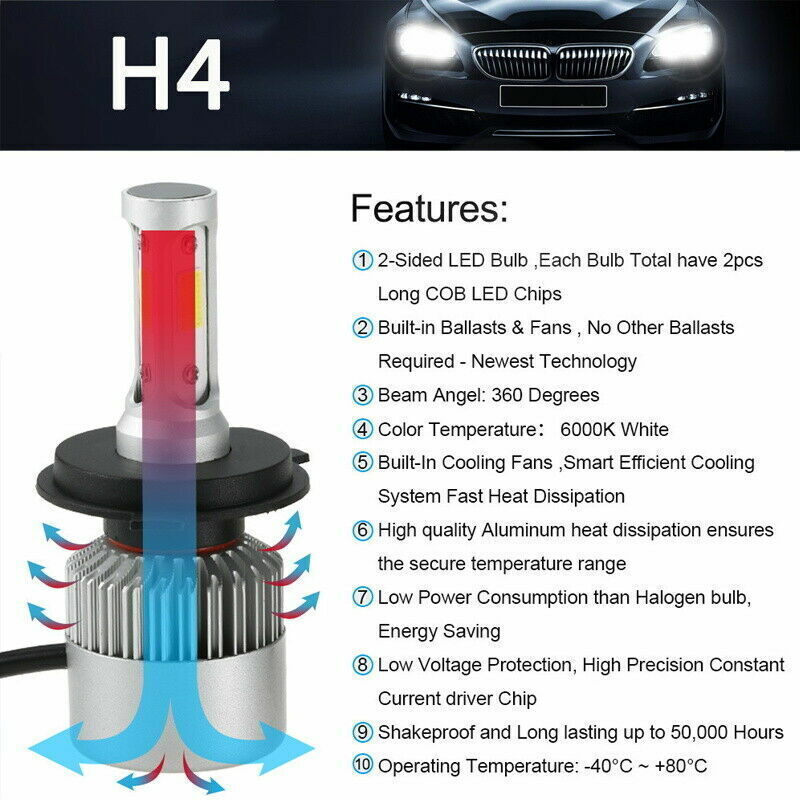 2pcs H4 LED Headlight Bulbs Kit Car Motorcycle High Low Beam IP65
