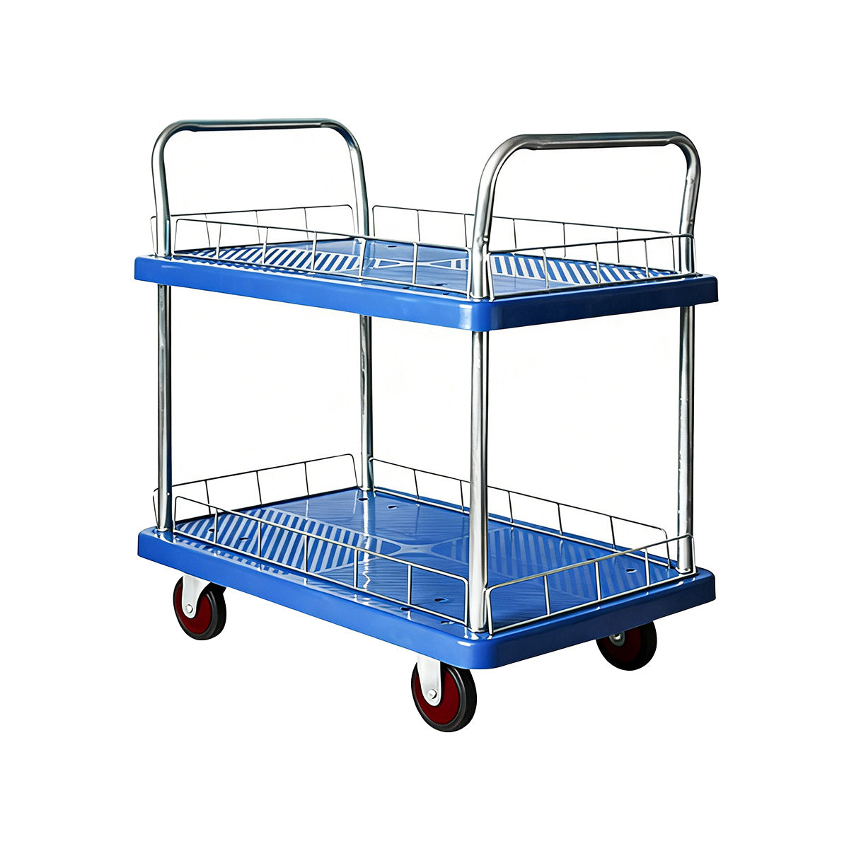 2 Tier Silent Flatbed Trolley Double Handle Warehouse Transport Cart
