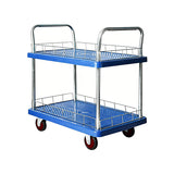 2 Tier Silent Flatbed Trolley Double Handle Warehouse Transport Cart