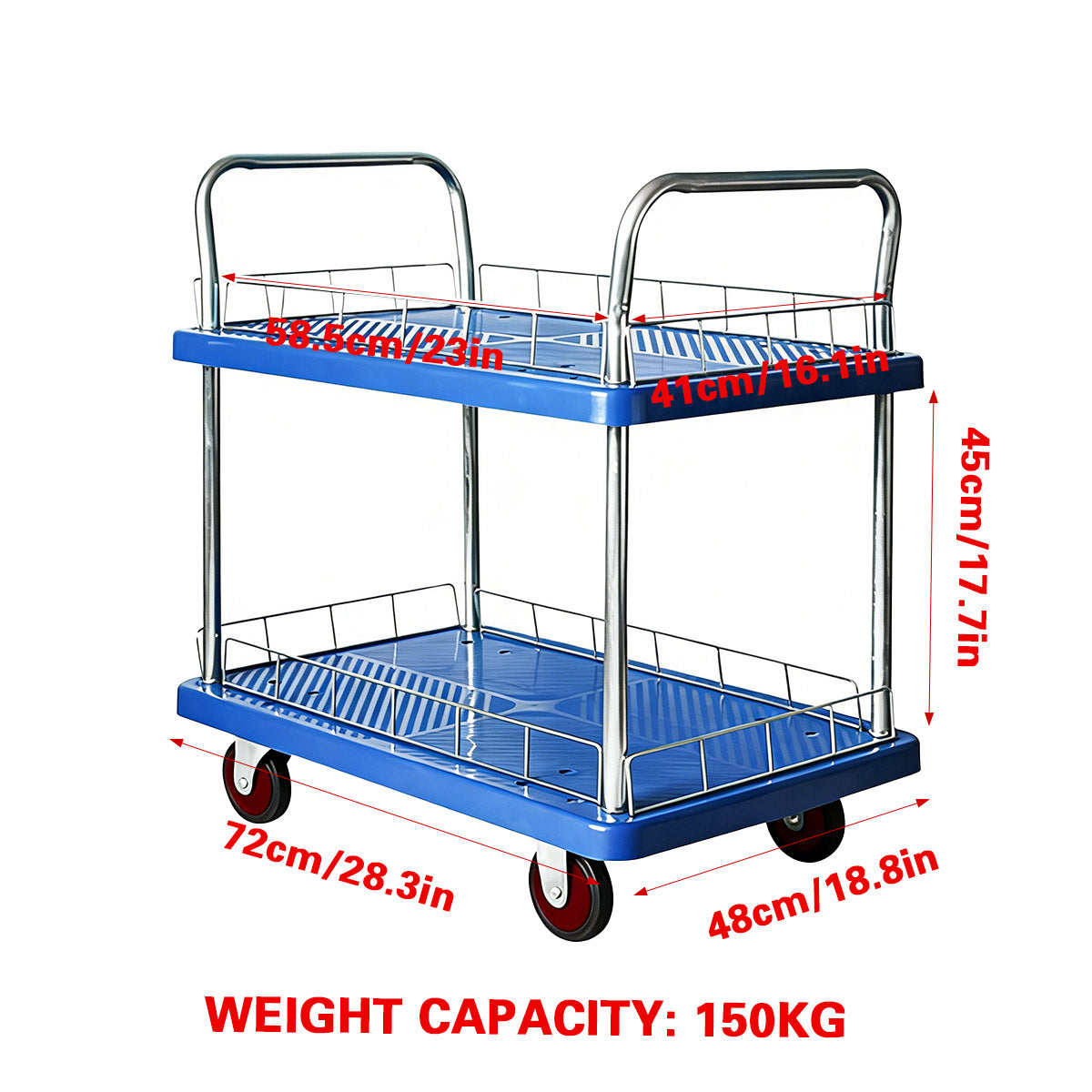 2 Tier Silent Flatbed Trolley Double Handle Warehouse Transport Cart