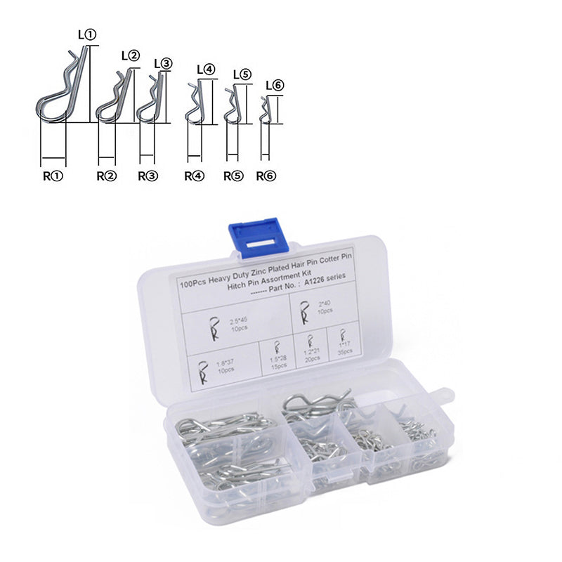 100PCS Heavy Duty R Clips Pins Zinc Plated Tractor Hitch Assortment