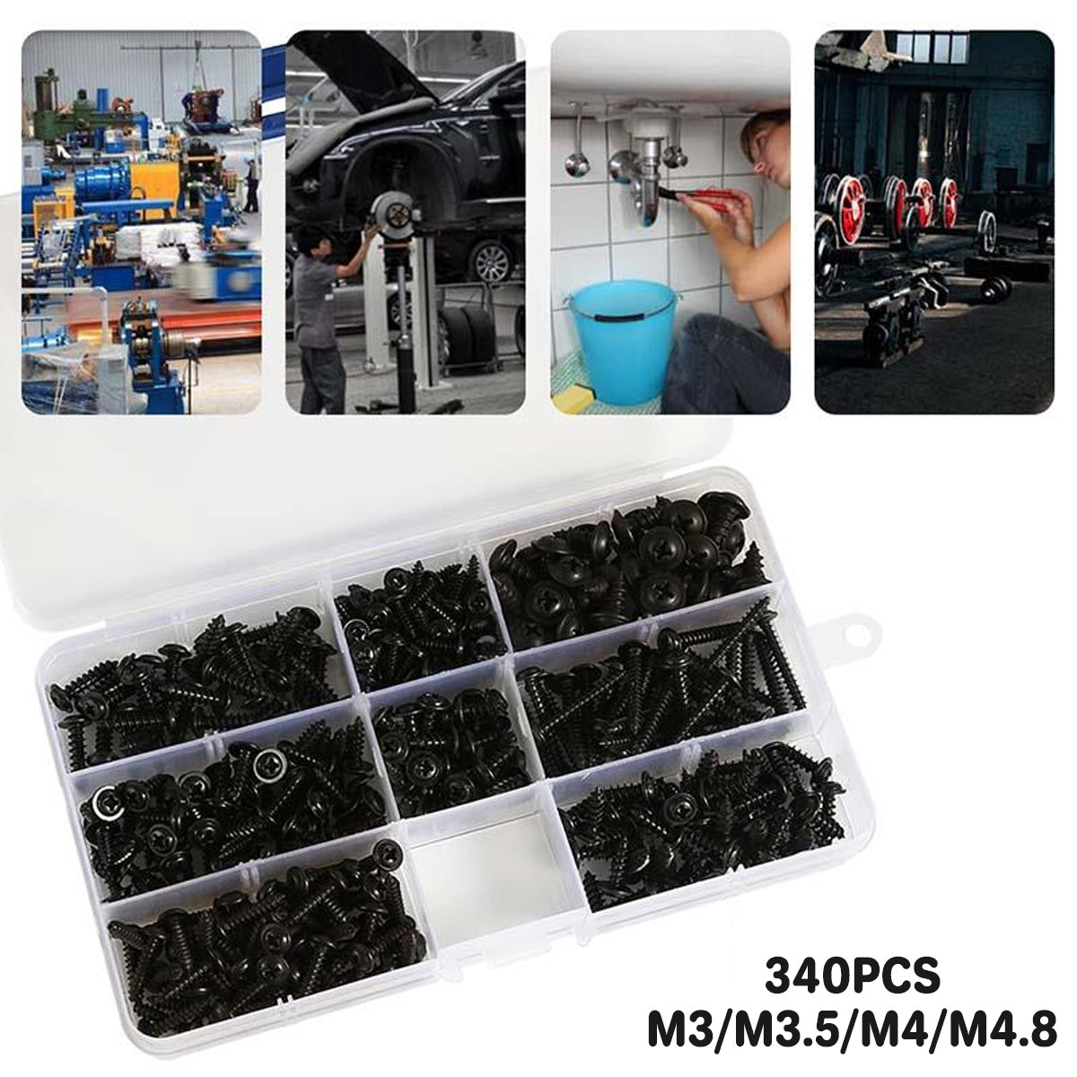 340PCS Black Self-Tapping Screws Assortment for Metal Wood