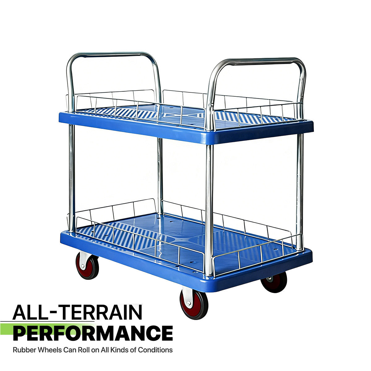 2 Tier Silent Flatbed Trolley Double Handle Warehouse Transport Cart
