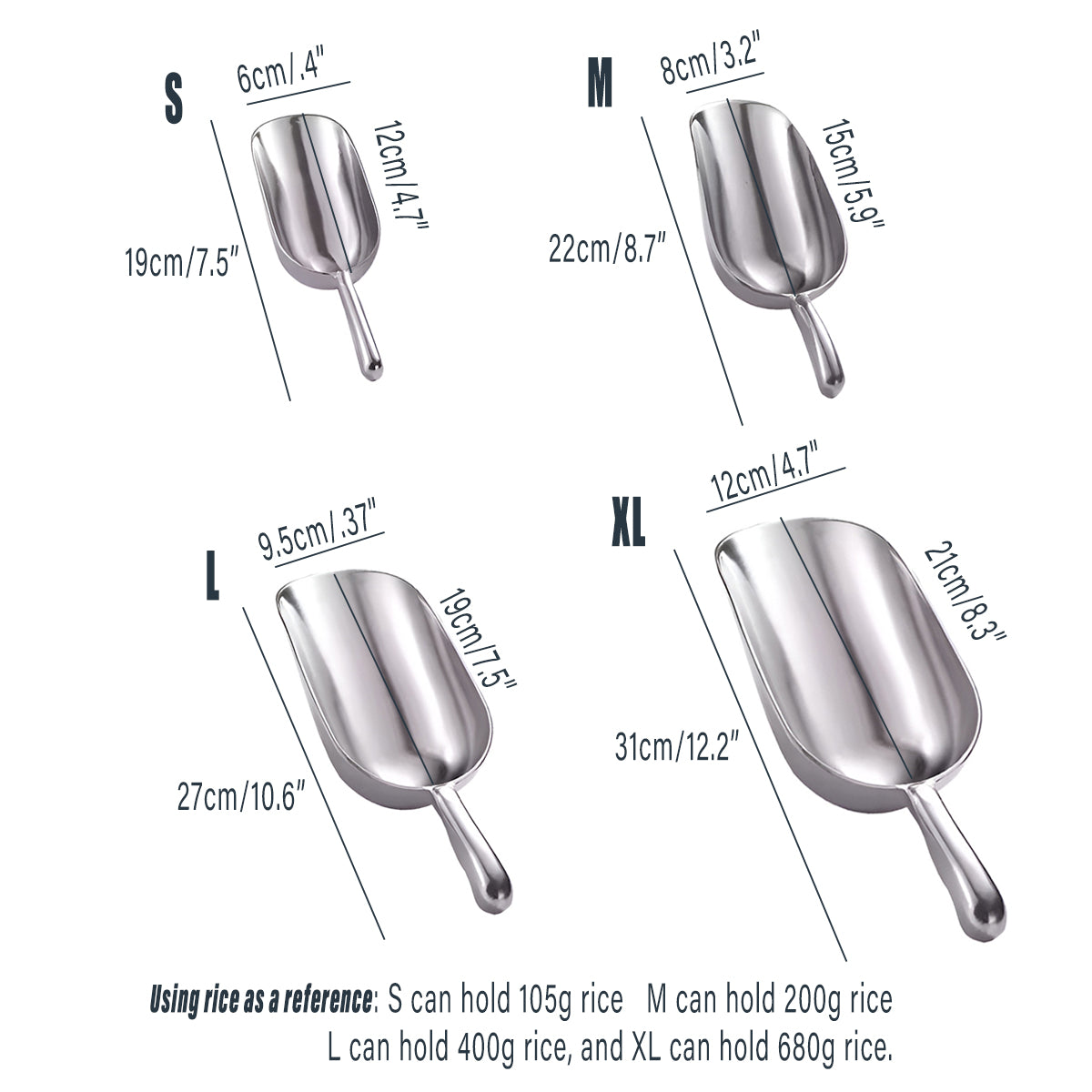 4 Sizes Aluminum Alloy Ice, Flour Rice Scoops Multipurpose