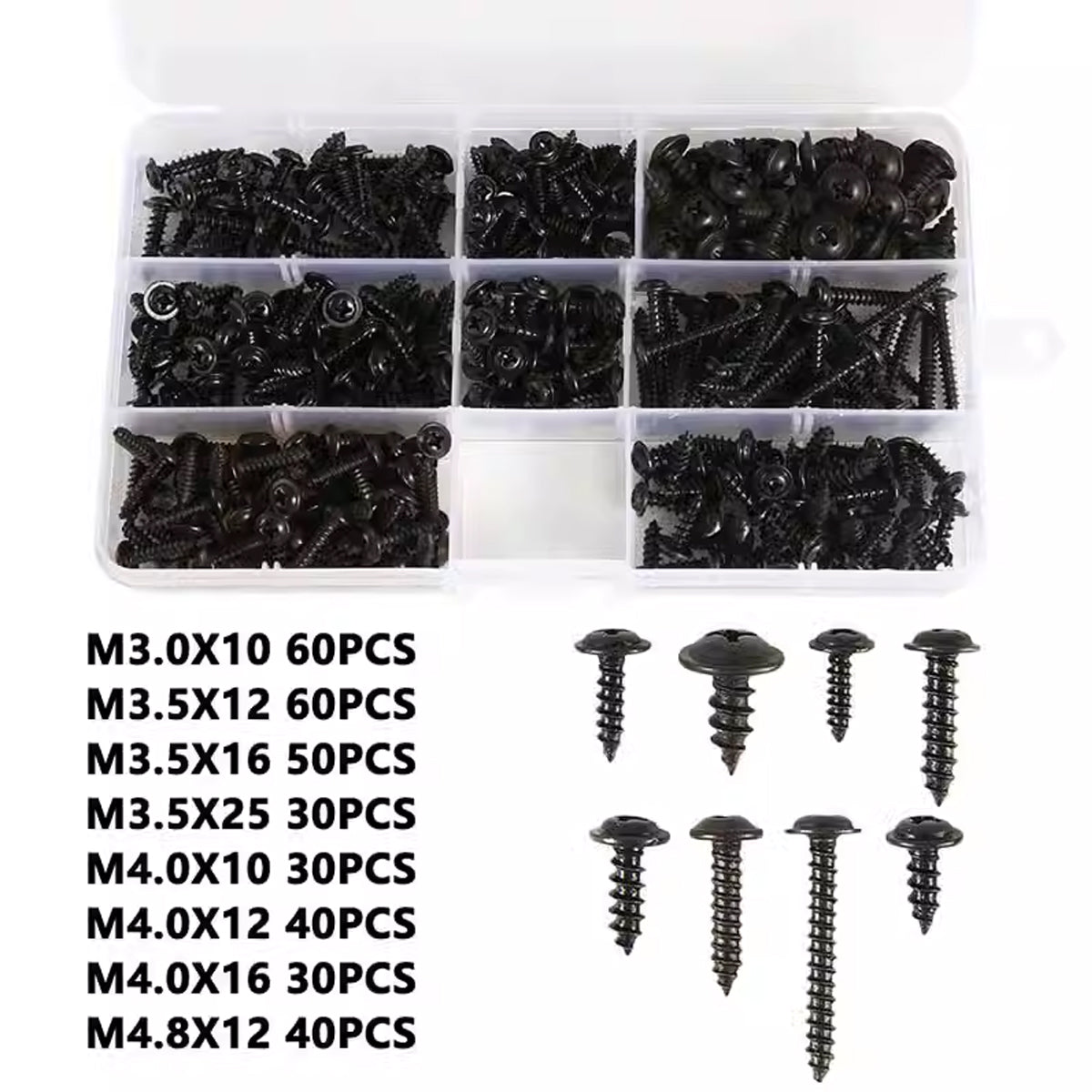340PCS Black Self-Tapping Screws Assortment for Metal Wood